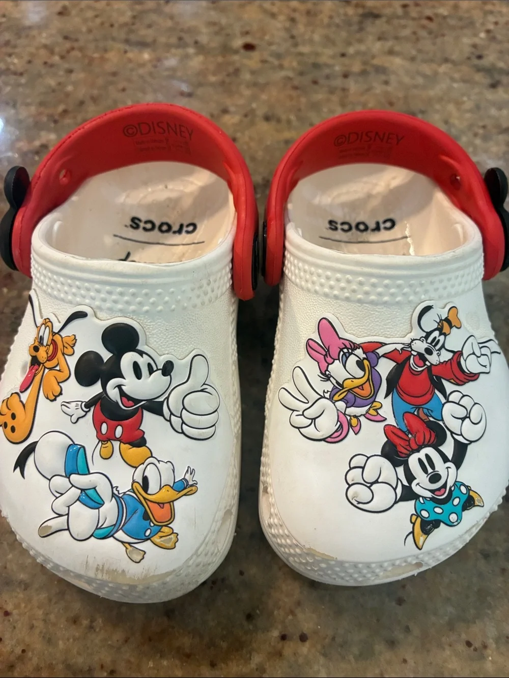 Disney White Clogs with Multicolor Mickey & Friends Graphics & Red Straps Size 5